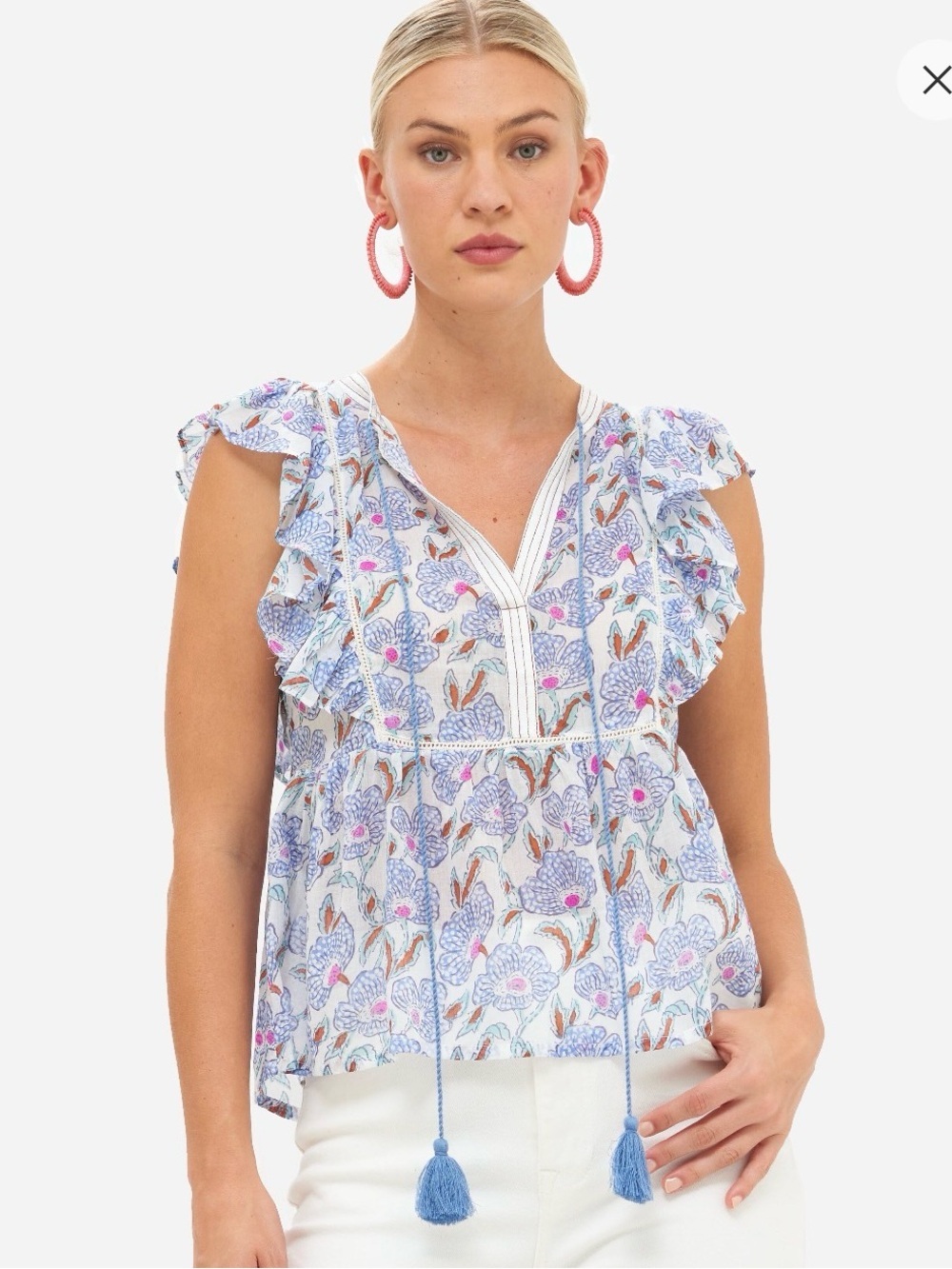 OLIPHANT Women's Blue Floral Flirty Tie Top Tassel V-Neck Blouse Size Medium